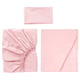 Pink bed linens: flat, fitted sheet, pillowcase, cotton-lyocell blend, percale weave, double hem.