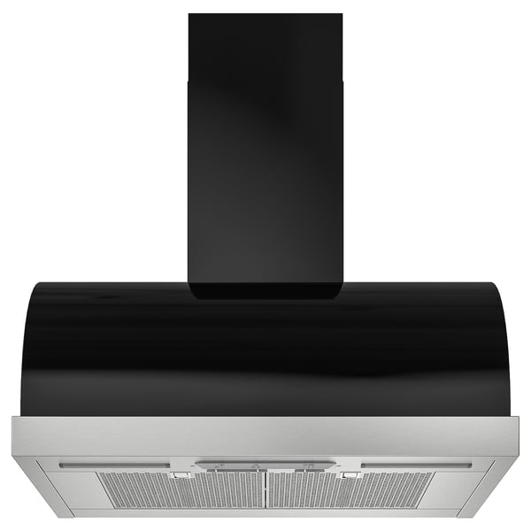 Black UNGDOMLIG kitchen hood with stainless steel base, sleek modern design.
