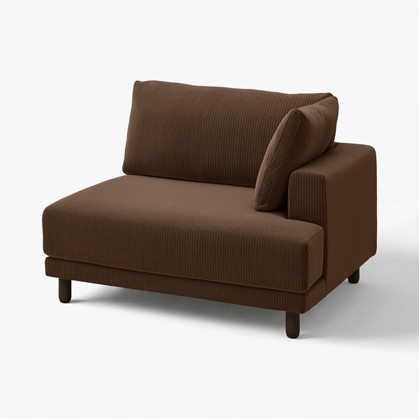 Brown 1. 5-seat sectional sofa, upholstered, dark wood legs, modern design.