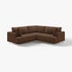 An l-shaped UPPÅKRA sofa in brown, made from recycled polyester. It has a modern, minimalist design with plush cushions and metal legs.