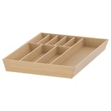 An UPPDATERA bamboo cutlery tray, rectangular with multiple compartments. The natural wood colour and sleek design offer a warm, natural kitchen feel.