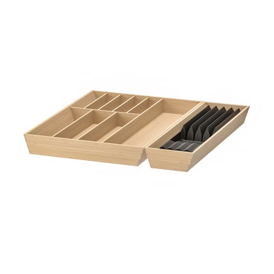 Wooden knife organiser with bamboo finish and divided compartments. Has a rectangular shape with recessed handles.