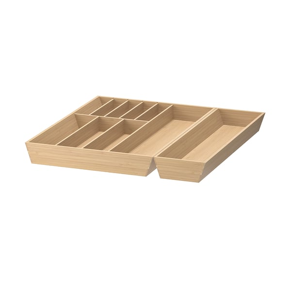 Wooden organiser, light brown, divided, rectangular shape.