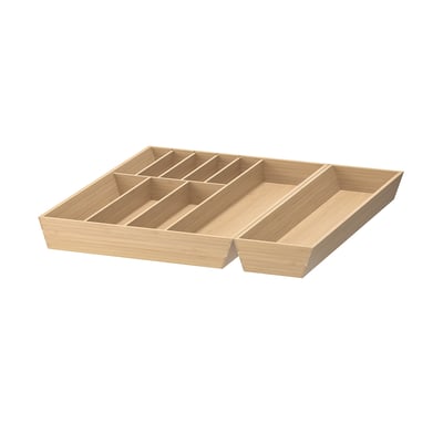 Wooden organiser, light brown, divided, rectangular shape.