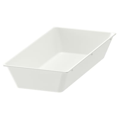 Rectangular white UPPDATERA cutlery tray. Sleek, smooth design. Made of polypropylene plastic with rubber feet.