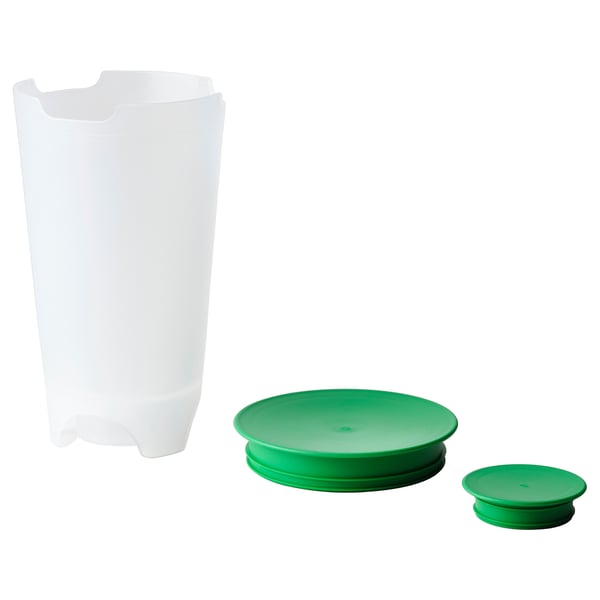 A white UPPFYLLD salad shaker with a green lid and strainer for efficient rinsing and storage of vegetables.