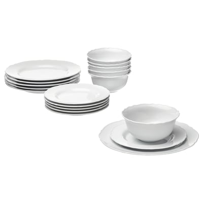 White UPPLAGA porcelain dinnerware set. Contains plates and bowls with ruffled edges. Rural, rustic design, durable and dishwasher-safe.