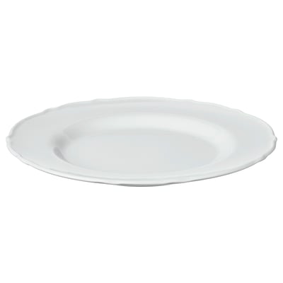 A single white UPPLAGA side plate with a soft, ruffled edge. Made of porcelain, it is lightweight and has a rural, rustic design.