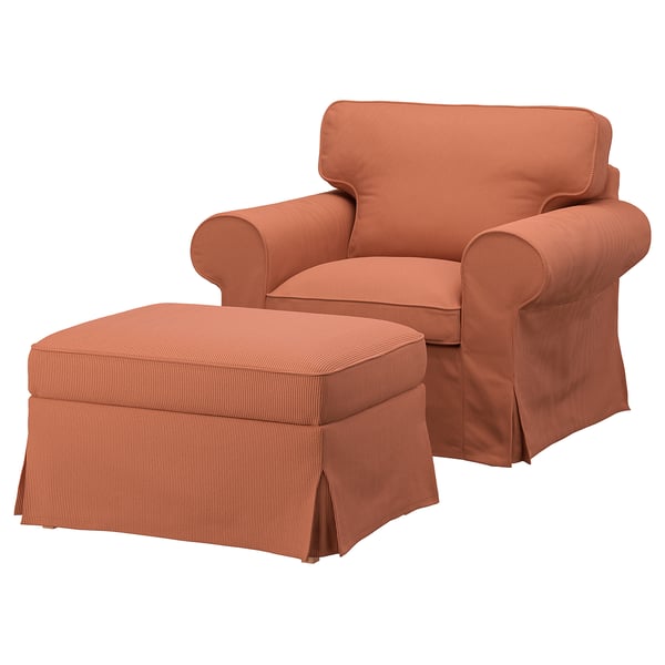 Orange UPPLAND armchair & footstool, striped fabric, rolled arms, boxy shape.