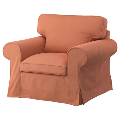 An orange UPPLAND armchair with a striped pattern, featuring a deep seat, rolled arms, and a comfortable cushioned back.