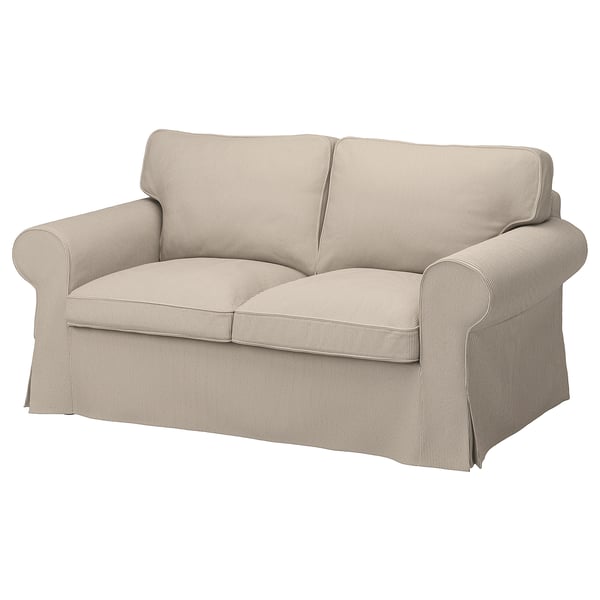 Comfortable beige and grey striped sofa with rolled arms and reversible cushions.