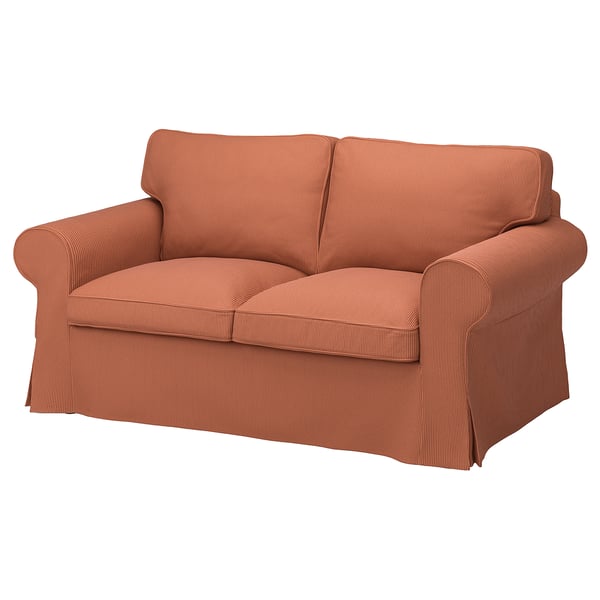 UPPLAND orange love seat, cosy & deep, striped fabric, rolled arms, square shape, soft cushions.