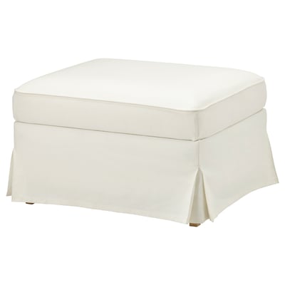 The UPPLAND white footstool is rectangular, upholstered in cotton, with a simple, elegant design and wooden legs.