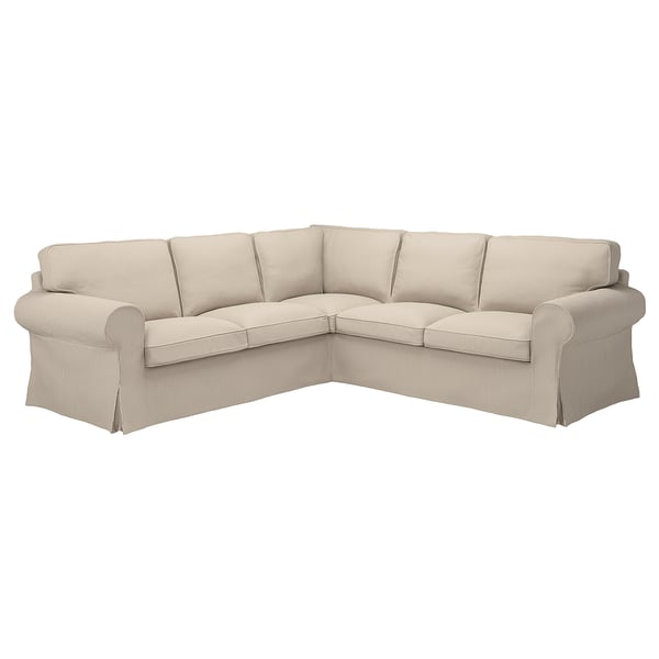 UPPLAND beige sectional sofa, 4-seat. Soft, wide cushions for comfort. Made of polyester & foam. Neutral patterned design.