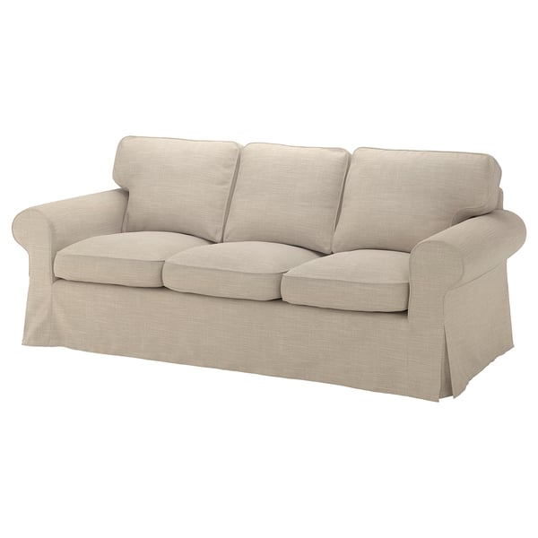 A beige UPPLAND sofa with rolled arms, deep seats, and three cushions. Its made of fabric and foam, offering a cosy and inviting look.