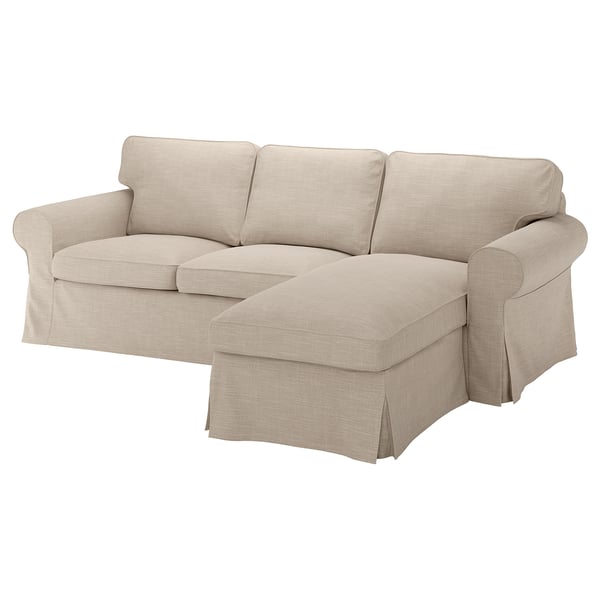 Beige UPPLAND sectional sofa with rolled arms and removable cover, featuring a chaise lounge on one side.