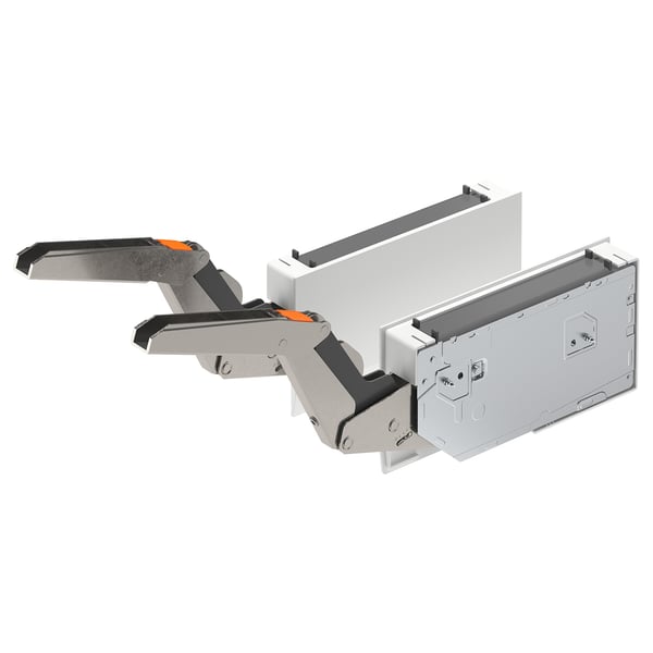 UTRUSTA hinge, white, metal & plastic, angled design, kitchen cabinet accessory.