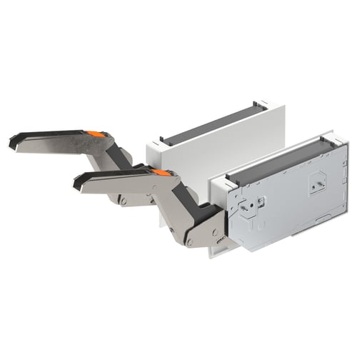 UTRUSTA hinge, white, metal & plastic, angled design, kitchen cabinet accessory.