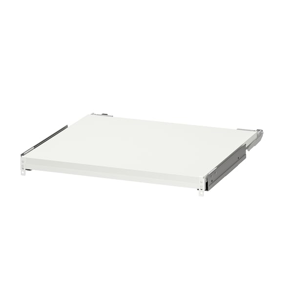 A white, rectangular pull-out kitchen shelf with metal runners. Its designed to extend and retract for extra workspace.