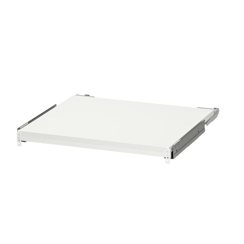 A white, rectangular pull-out kitchen shelf with metal runners. Its designed to extend and retract for extra workspace.