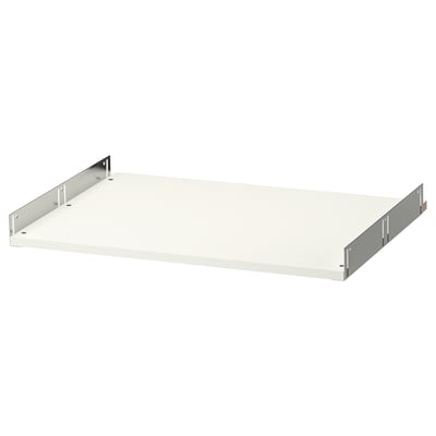 A white rectangular UTRUSTA shelf with metal supports, ideal for storage with a 25-year guarantee.