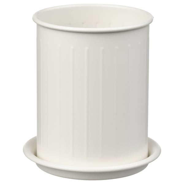 White VÄLVÅRDAD utensil holder: cylindrical, ribs, steel, white coating.