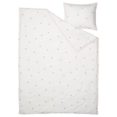 VÄNKRETS bedding in white with pink dots and piping. It includes a duvet cover and pillowcase made of cotton and viscose.