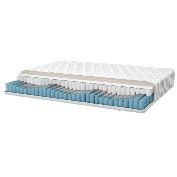 Mattress cross-section: quilted polyester, pocket springs, foam, polyurethane, polyester wadding.