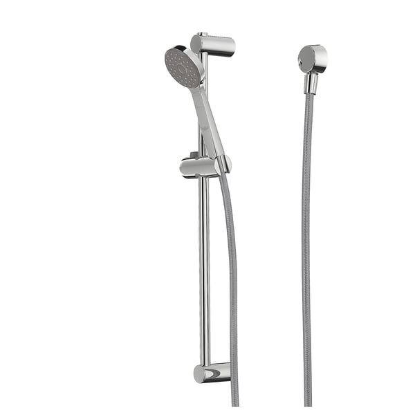 A chrome VALLAMOSSE shower rail and handset, featuring a wide spray handheld shower on a stainless steel rail with a flexible bracket.
