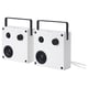 Two white VAPPEBY bluetooth speakers, rectangular with black accents, standing upright with handles on top.
