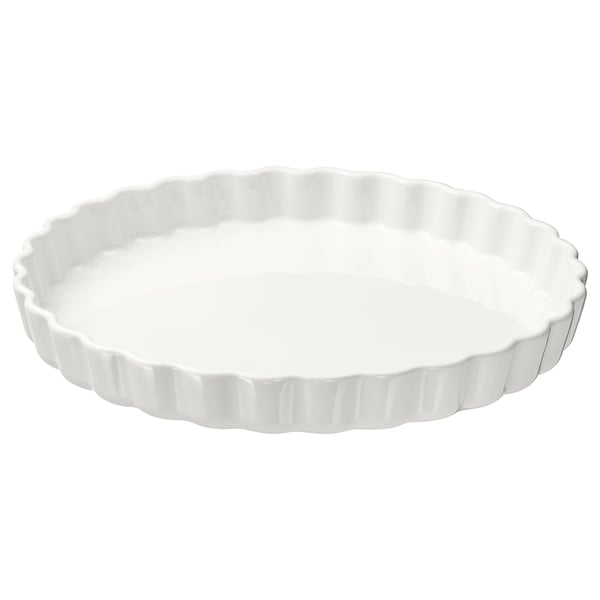 A round, white VARDAGEN pie dish made of stoneware, with a wavy edge design.