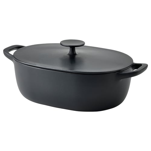 Black VARDAGEN cast iron casserole with handles and lid, ideal for slow cooking.