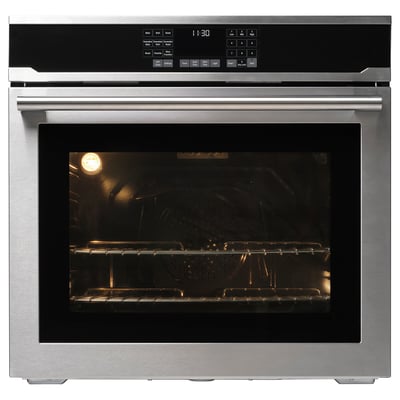 Stainless steel oven with digital display, self-clean function, touch controls, and convection cooking.