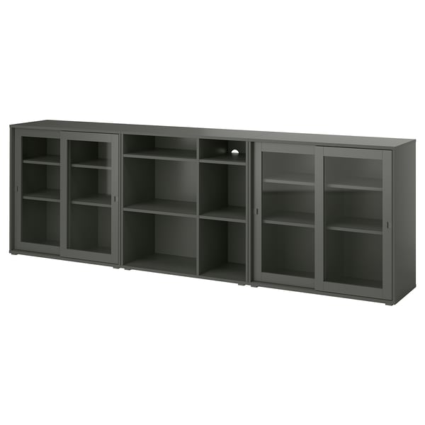 This image a black VIHALS storage unit with glass doors and open shelves. Its sleek and modern, perfect for organising and displaying items.