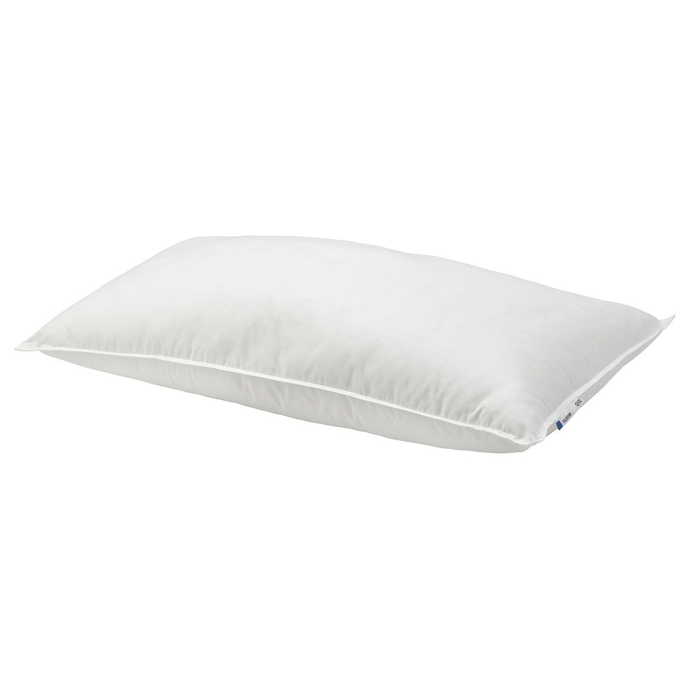 White VILDKORN pillow: rectangular, plump, cotton-polyester, machine-washable.