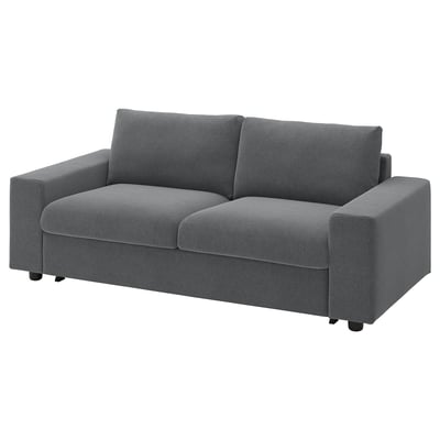 VIMLE grey fabric sofa-bed, modern minimalist design with boxy cushions, and flat arms.
