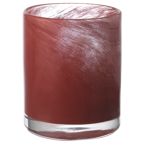 Red glass candle holder, cylindrical with a frosted, swirl pattern. Mouth-blown, clear base.