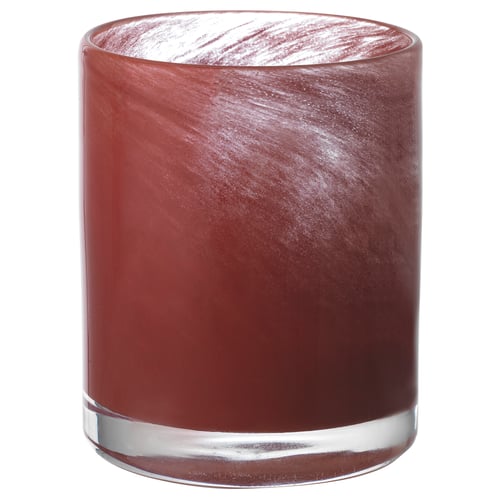 Red glass candle holder, cylindrical with a frosted, swirl pattern. Mouth-blown, clear base.