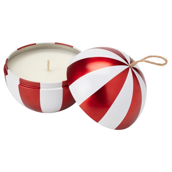 VINTERFINT Scented candle in metal cup, bauble/Spiced delight red/white, 28 hr