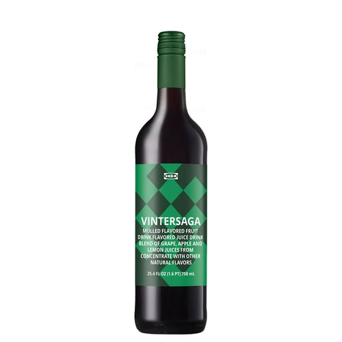 Green IKEA VINTERSAGA bottle with diamond pattern, dark glass, standing upright.