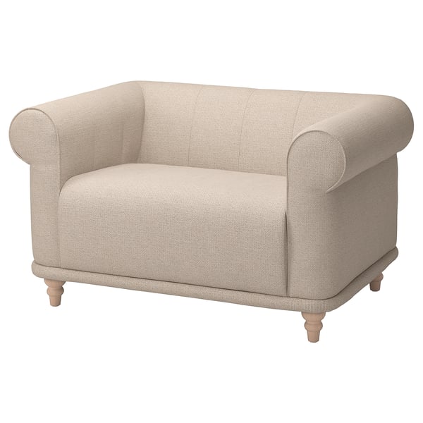 VISKAFORS armchair: beige, fabric, rolled arms, deep seat, classic design.