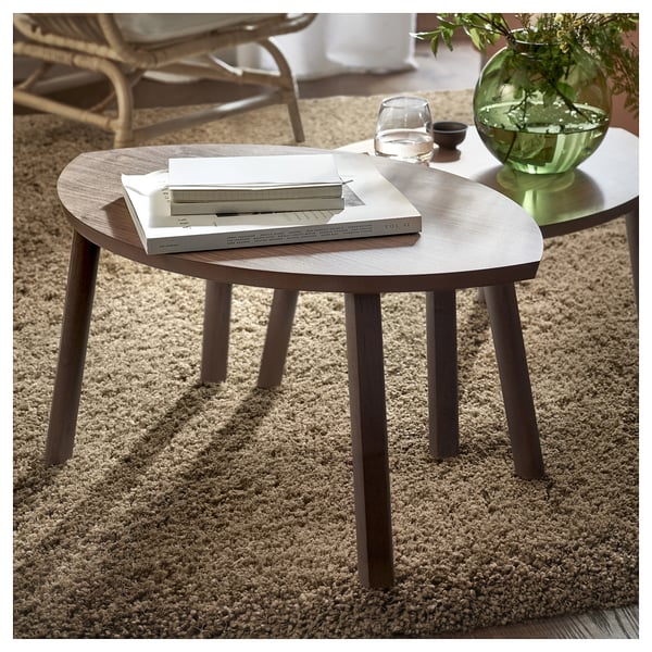 Brown tables on rug. One with magazines, the other with a plant.