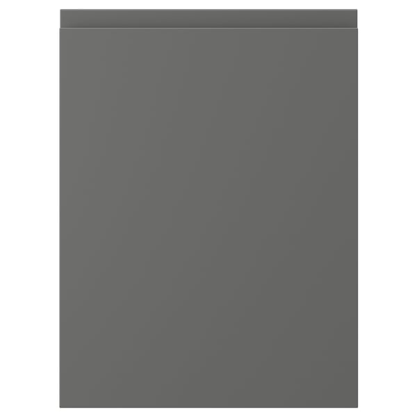 A sleek, dark grey VOXTORP cabinet front. It has a smooth, modern design with integrated handles.