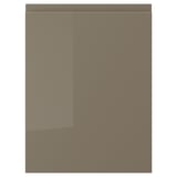 A sleek, modern kitchen cabinet door in dark grey-brown with a high-gloss finish. It has integrated handles and a rectangular shape.