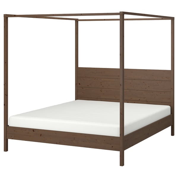 YTTERVÅG wooden four-poster bed, brown, rectangular, solid pine, adjustable height.