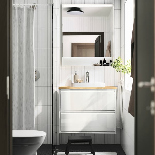 ÄNGSJÖN / BACKSJÖN Tocador de baño+cajones, alto brillo blanco/bambú, 31x21 1/2x28 1/4 "