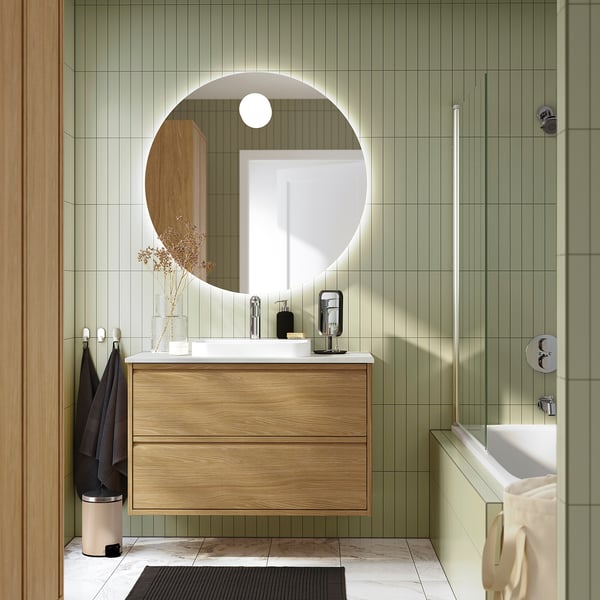 ÄNGSJÖN / BACKSJÖN Tocador de baño+cajones, efecto de roble/blanco efecto de mármol, 37x21 1/2x28 1/4 "