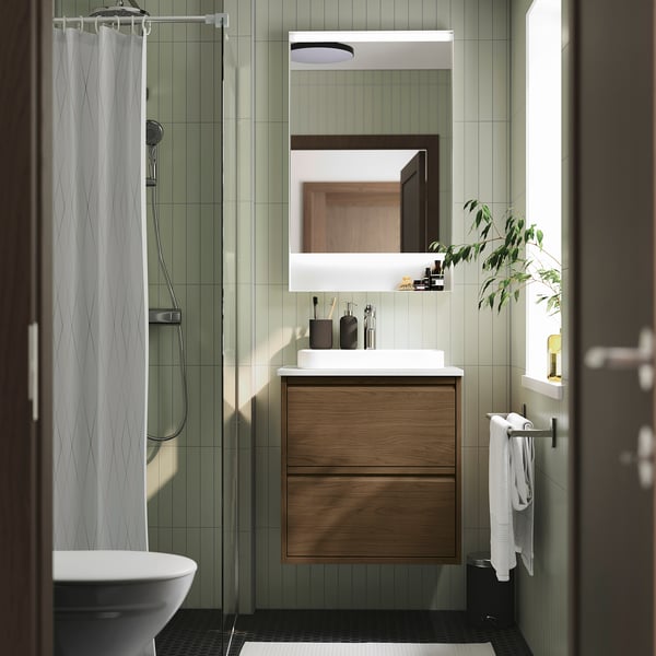 ÄNGSJÖN / BACKSJÖN Tocador de baño+cajones, marrón efecto de roble/blanco efecto de mármol, 25x21 1/2x28 1/4 "