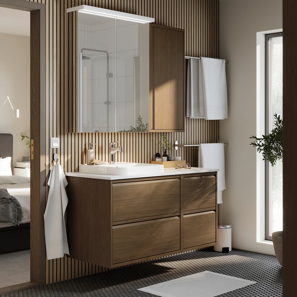ÄNGSJÖN / BACKSJÖN Tocador de baño, marrón efecto de roble/blanco efecto de mármol, 49x21 1/2x28 1/4 "