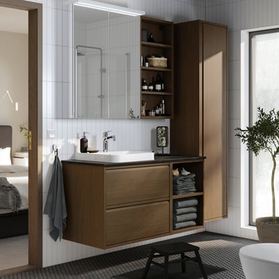 ÄNGSJÖN / BACKSJÖN Tocador de baño, marrón efecto de roble/negro efecto de mármol, 49x21 1/2x28 1/4 "